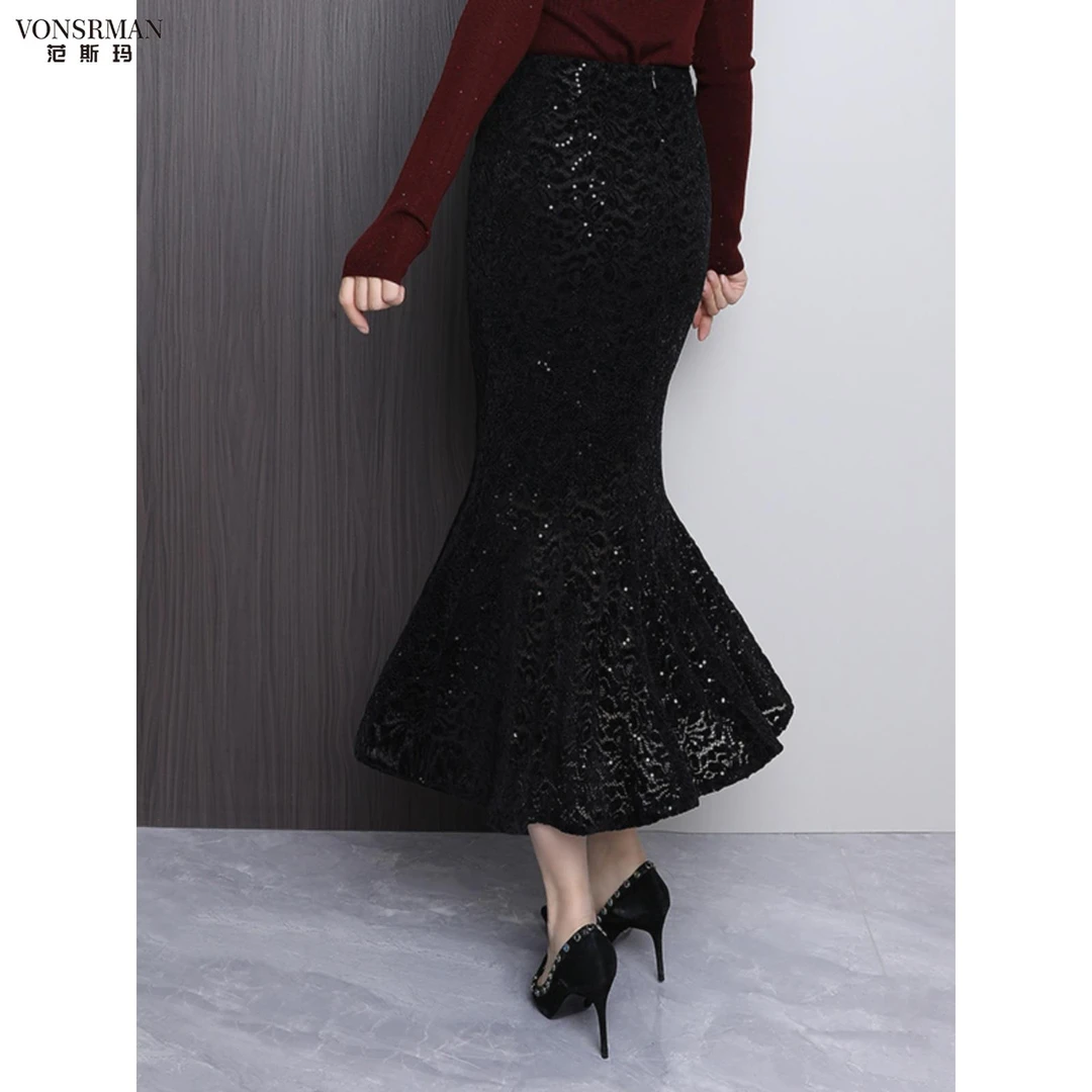 蕾丝裙鱼尾裙亮片露臀裙女性秋冬2025新性感苗条通勤长裙冬季短裙