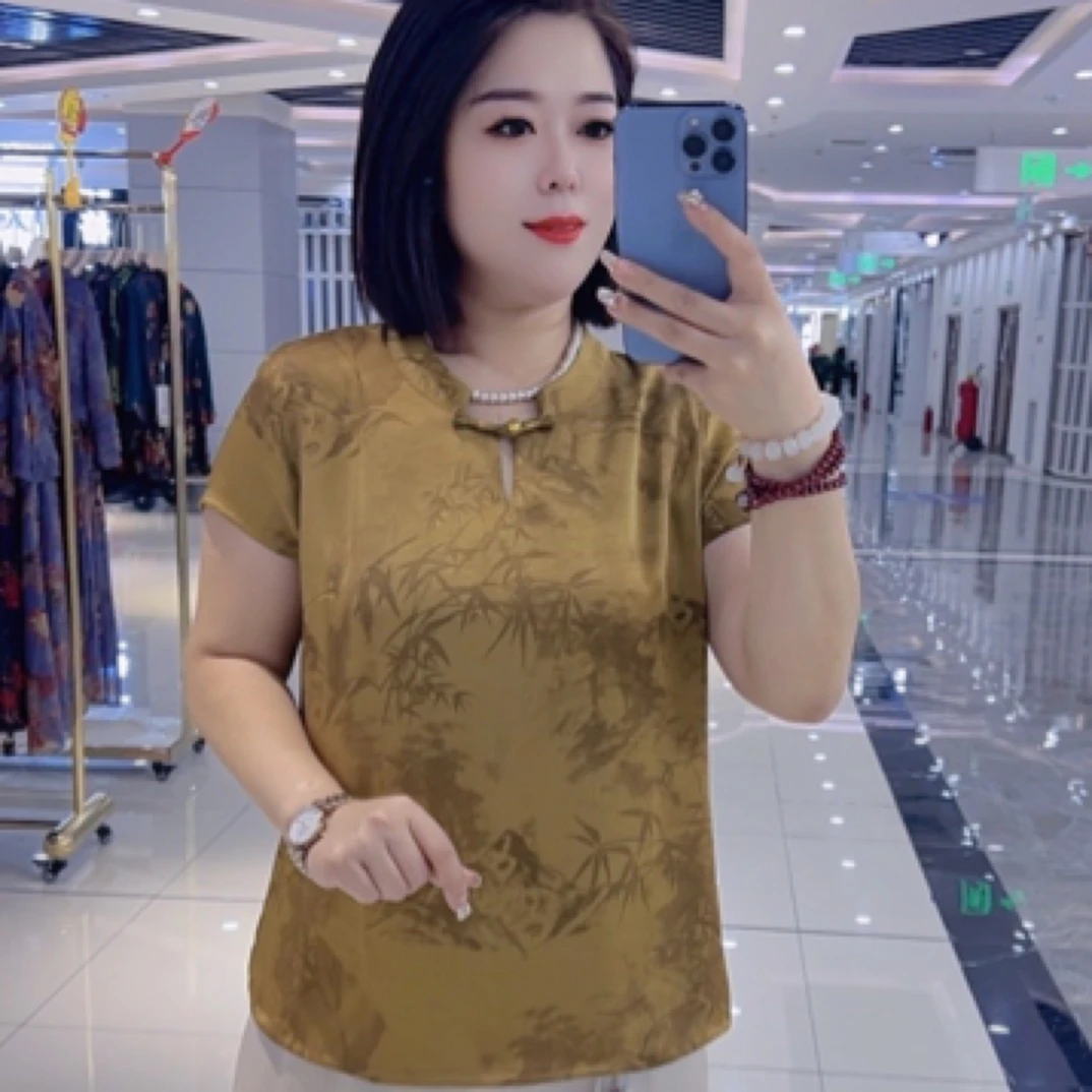 8638新中式夏季妈妈装水滴领竹叶缎光复古民族风中老年上衣