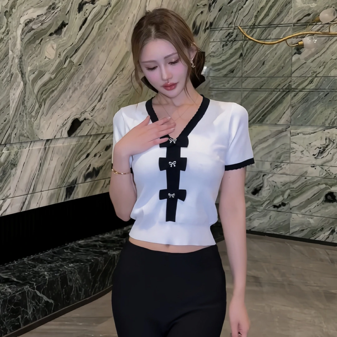 【VBB高奢】薄款冰丝小香风蝴蝶结V领短袖