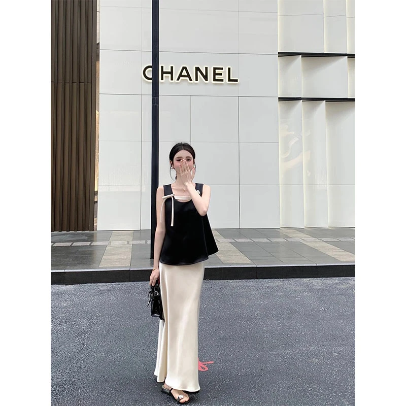 法式气质温柔风套装蝴蝶结吊带背心女高腰显瘦半身裙两件套2025夏