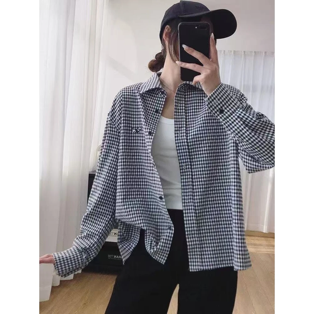 设计感小众小狗刺绣格子衬衫男女款秋季新款翻领潮牌休闲长袖衬衣