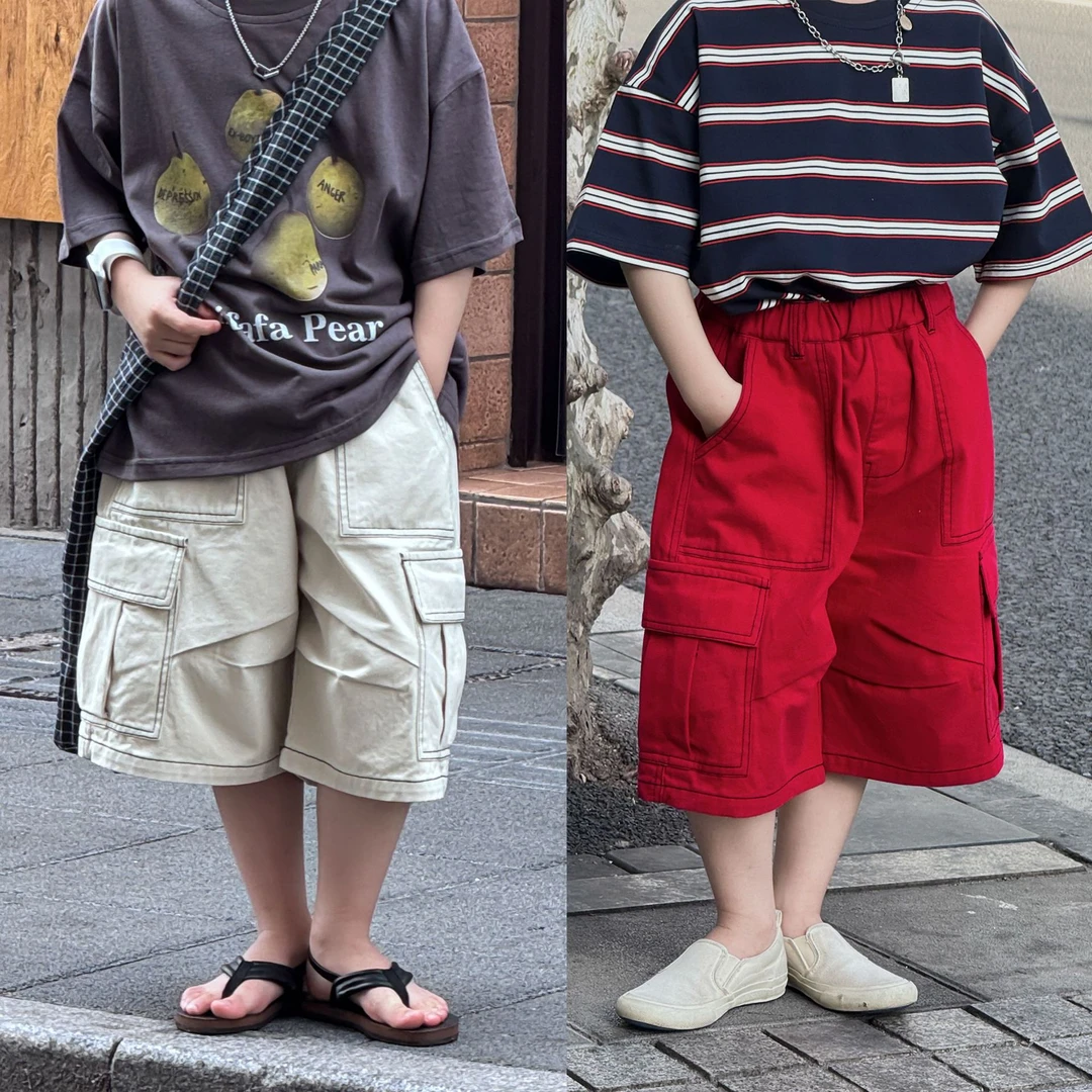 25夏季新款韩式童装中小童男童明线撞色水洗纯棉七分裤工装裤