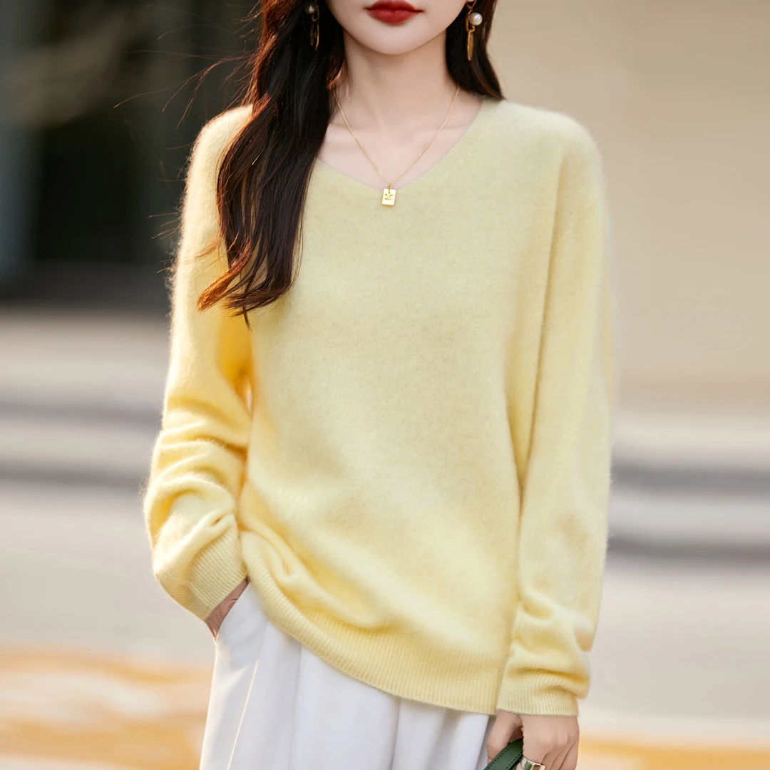 275拉毛纯色V领保暖纯羊毛衫洋气宽松女装慵懒风羊绒衫气质显瘦