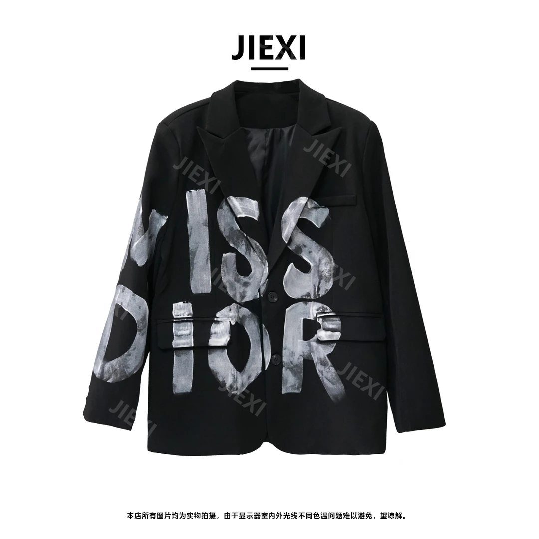 JIEXI设计师休闲韩版重工手绘宽松潮酷百搭西装外套jx9310