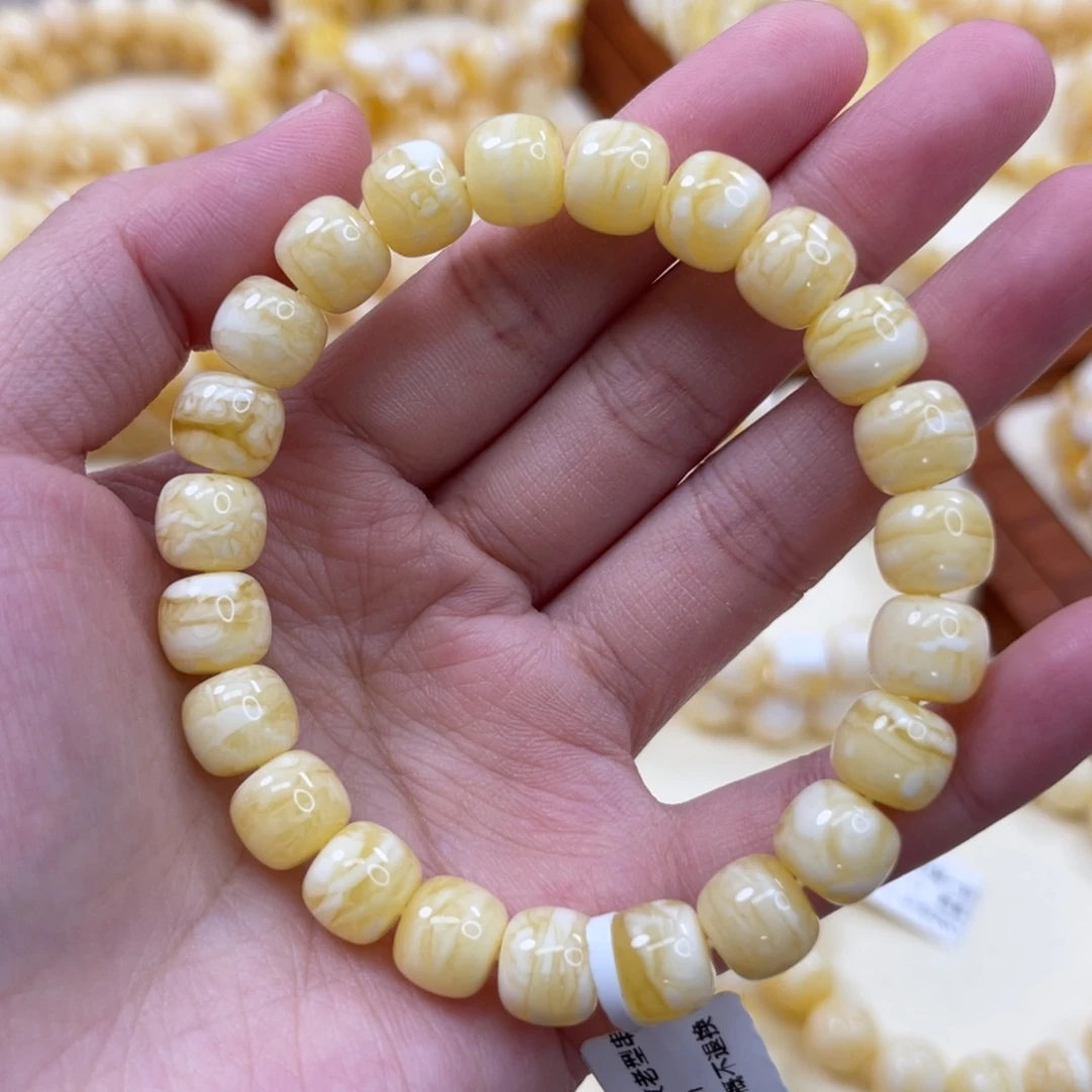 蜜蜡未镶嵌手链9.5mm橘底瓷白虎皮