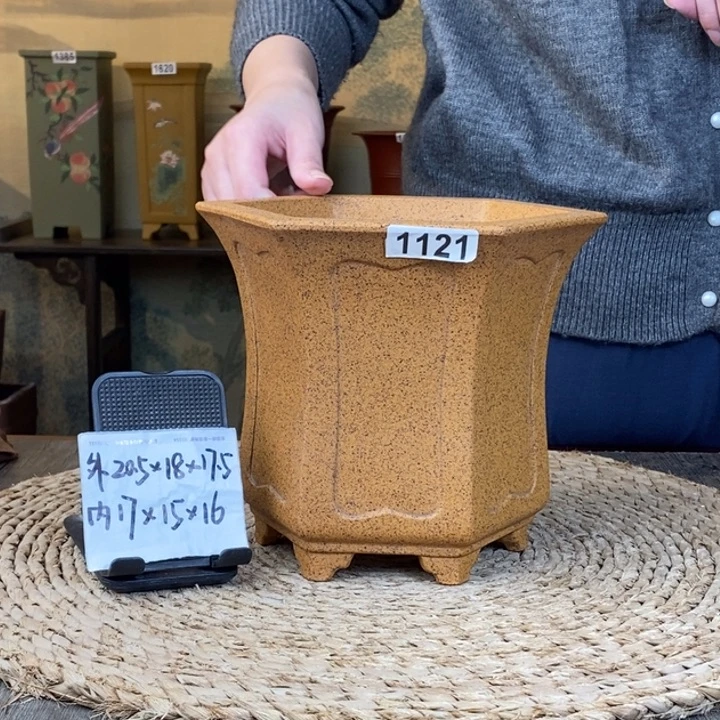 花盆紫砂   放漏柴烧内奎面束腰六方1121