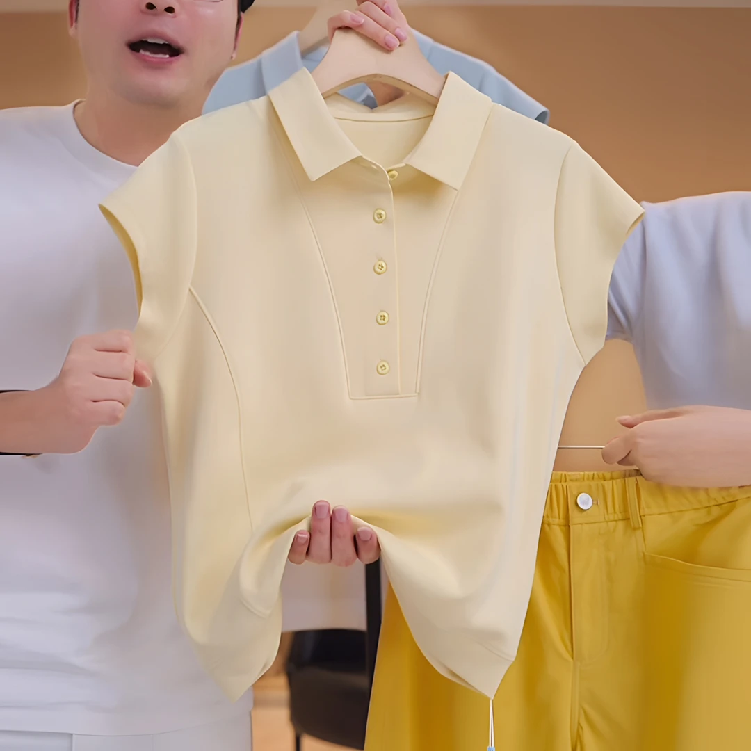 翻领黄色正肩t恤女士2025夏款高级感宽松显瘦减龄正肩polo衫上衣