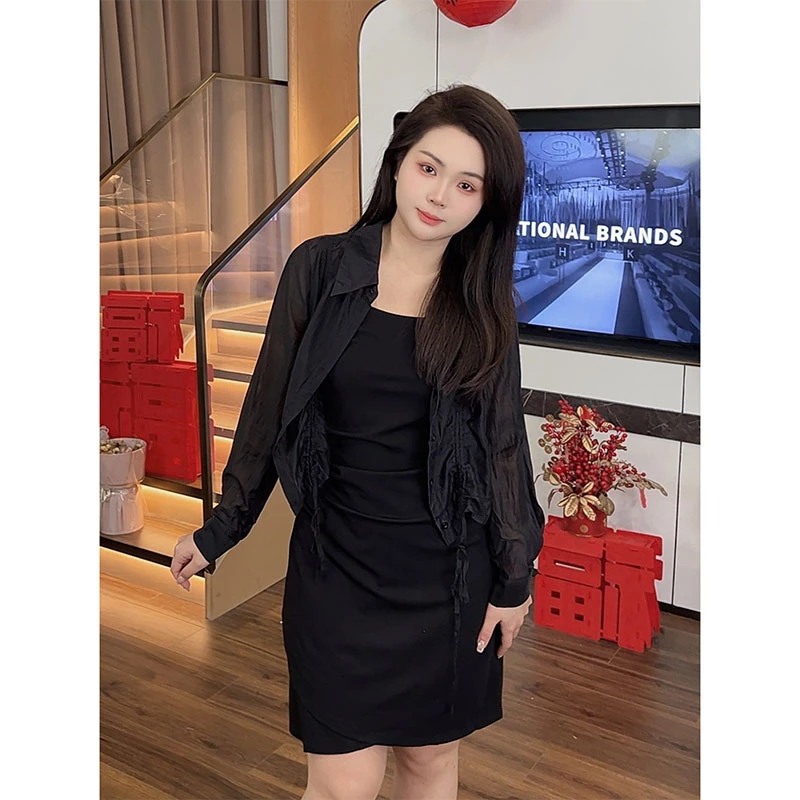 微胖定制【DM111】时尚遮肚气质显瘦藏肉吊带连衣裙