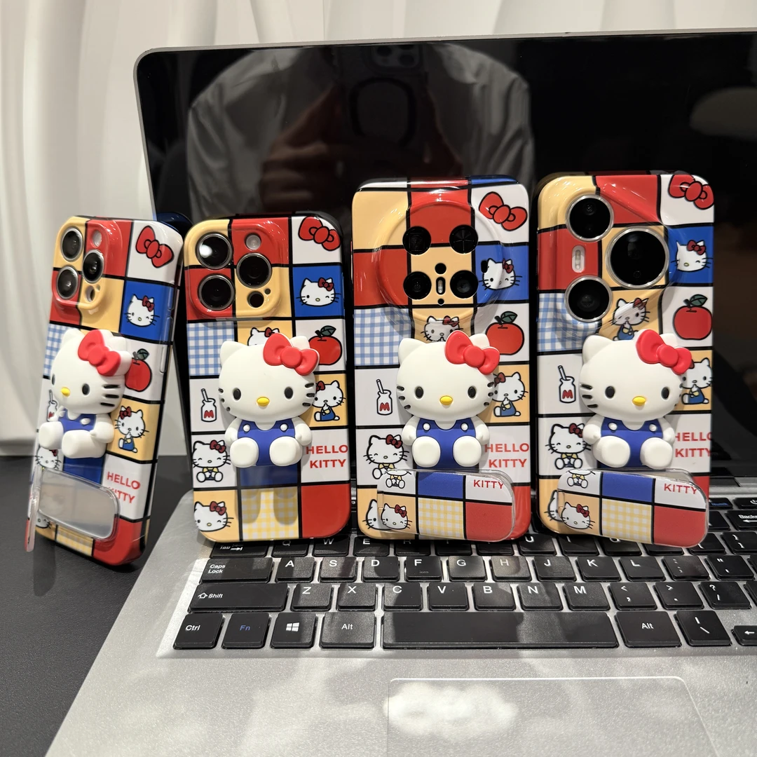 方格可爱猫支架适用苹果/华为/荣耀/OPPO/VIVO/小米手机壳防摔