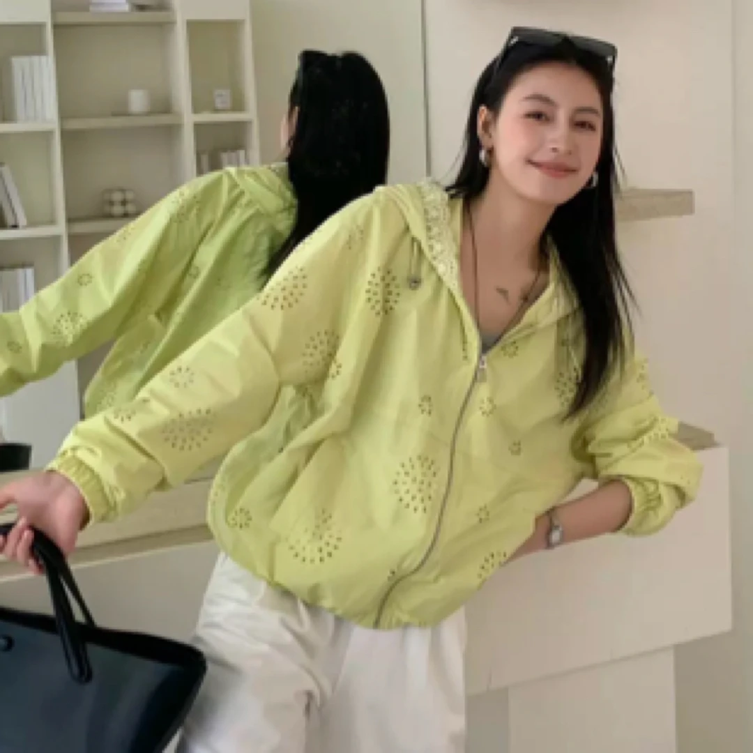 〔蕾丝帽～镂空防晒外套〕韩版宽松百搭镂空透气防晒连帽外套