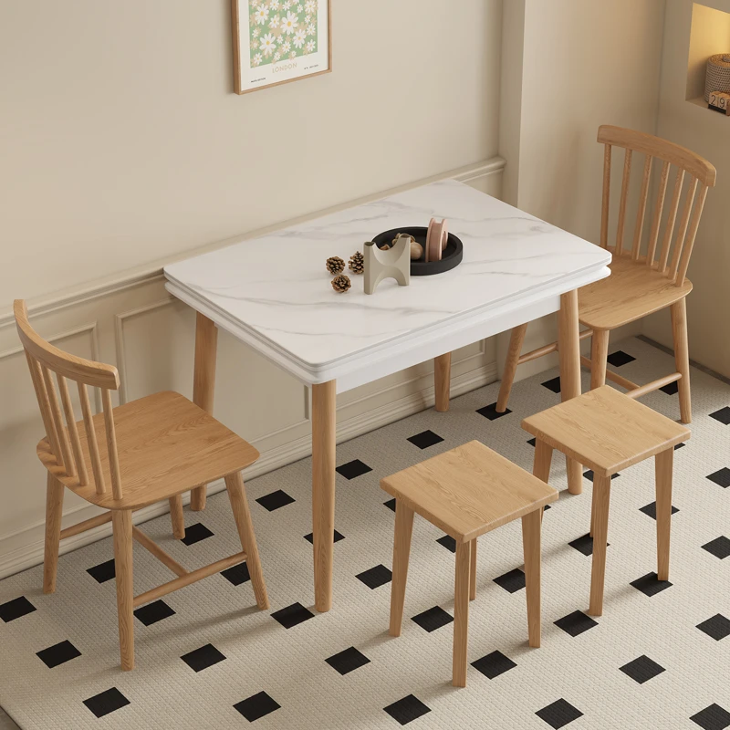 折叠餐桌小户型家用伸缩实木桌子现代简约出租房用岩板饭桌椅组合