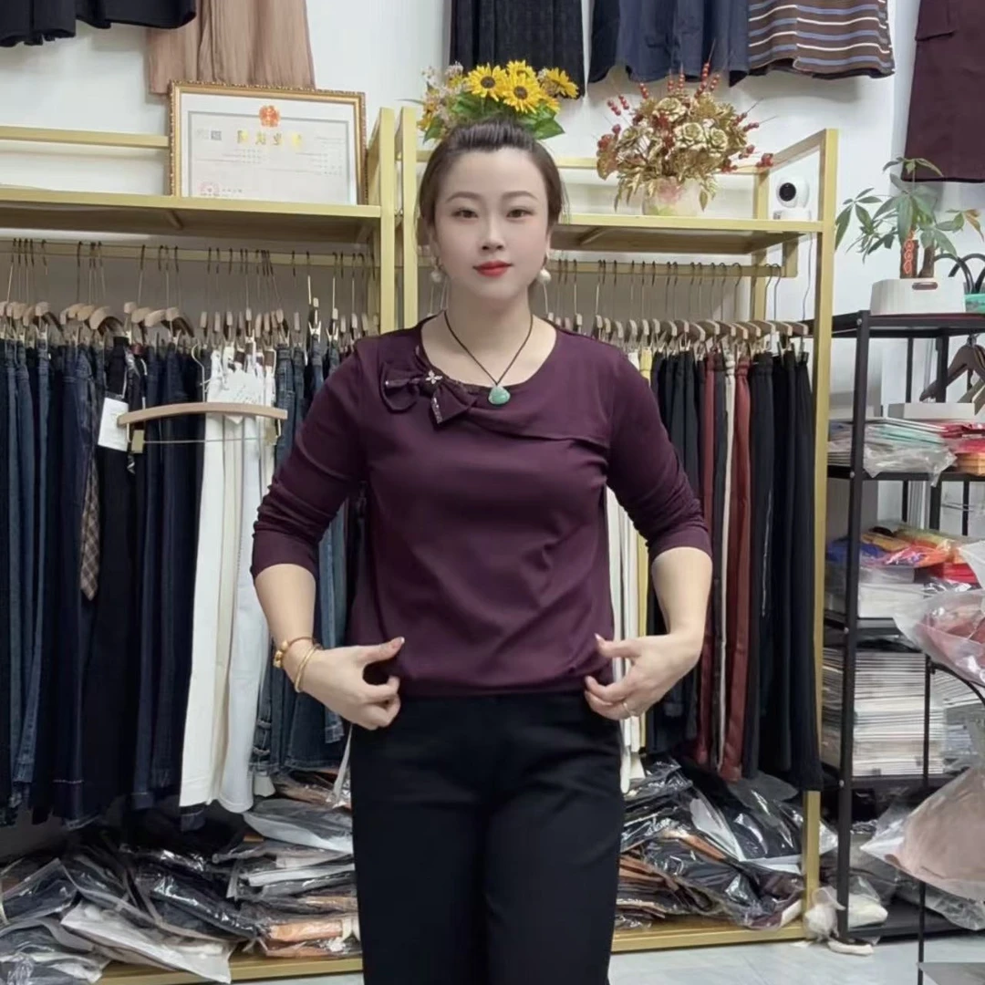 蝴蝶结速干T恤圆领少妇风针织一字领长袖女方领拼接8215