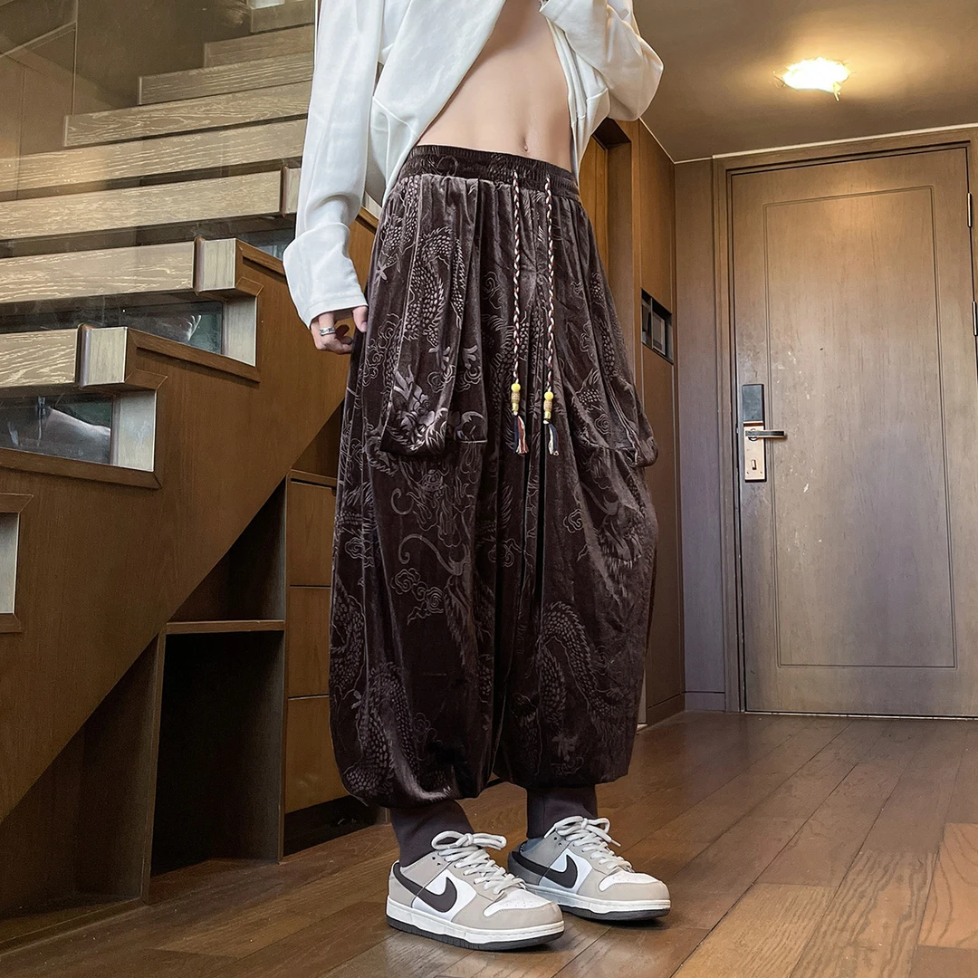 新中式潮牌飞鼠裤男复古金丝绒高级感束脚卫裤大码宽松龙纹运动裤