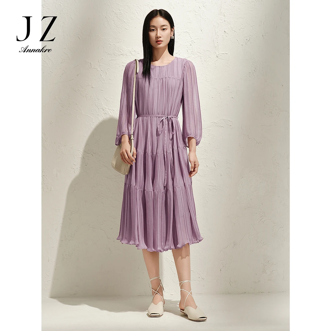 玖姿安娜蔻KWFC50023收腰连衣裙蛋糕裙女2025春新款压褶竹节肌理