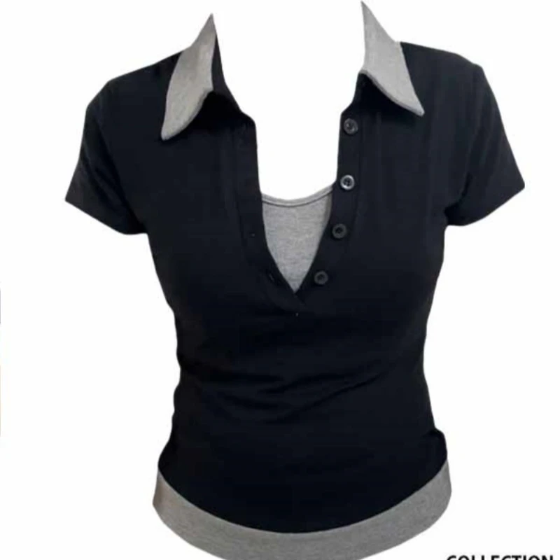 2025微胖韩系小众假两件撞色短袖恤女夏季新款修身设计感小众上衣