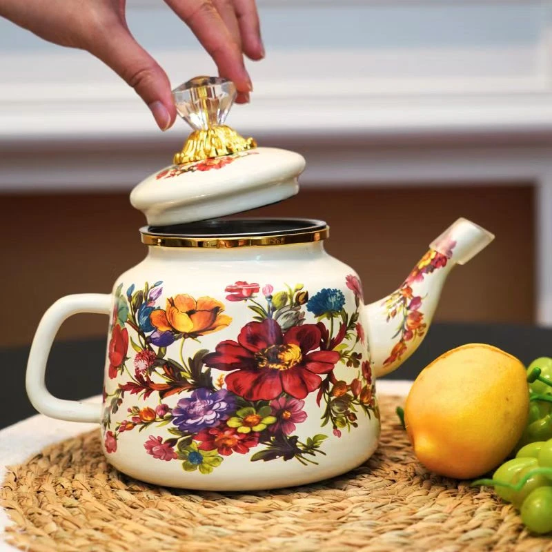 新疆珐琅搪瓷家用茶壶水壶电磁炉加厚开水壶滤网通用1升玫瑰花