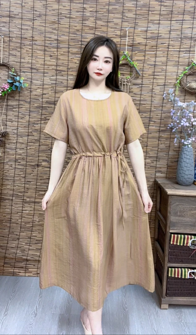 1073#夏季新款短袖圆领咖啡色收腰宽松连衣裙宽松连衣裙