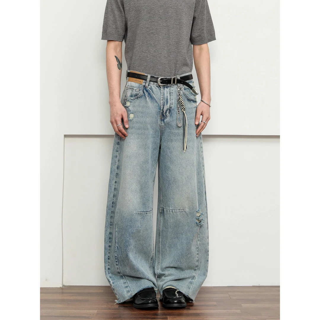 街头破洞毛边弯刀牛仔裤男直筒阔腿复古嘻哈拖地长裤松弛感休闲裤