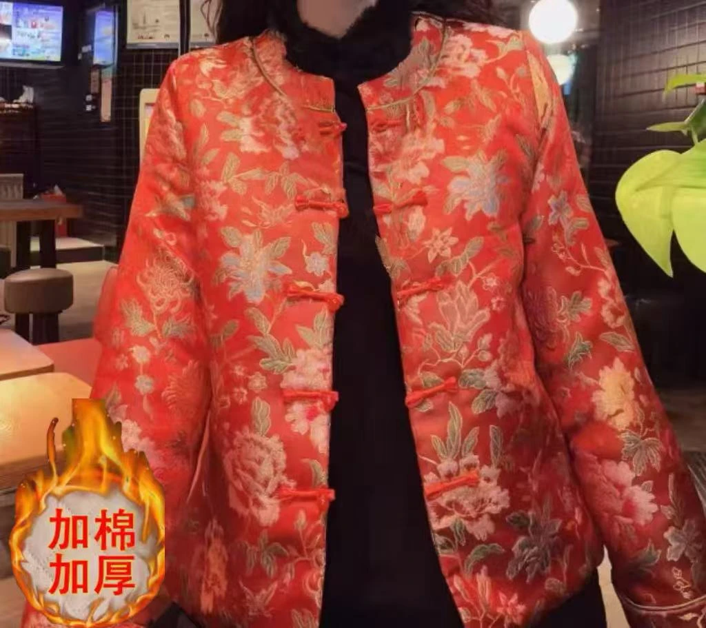 【贵妇坊】新中式气质复古显瘦圆领手工盘扣织锦加棉上衣