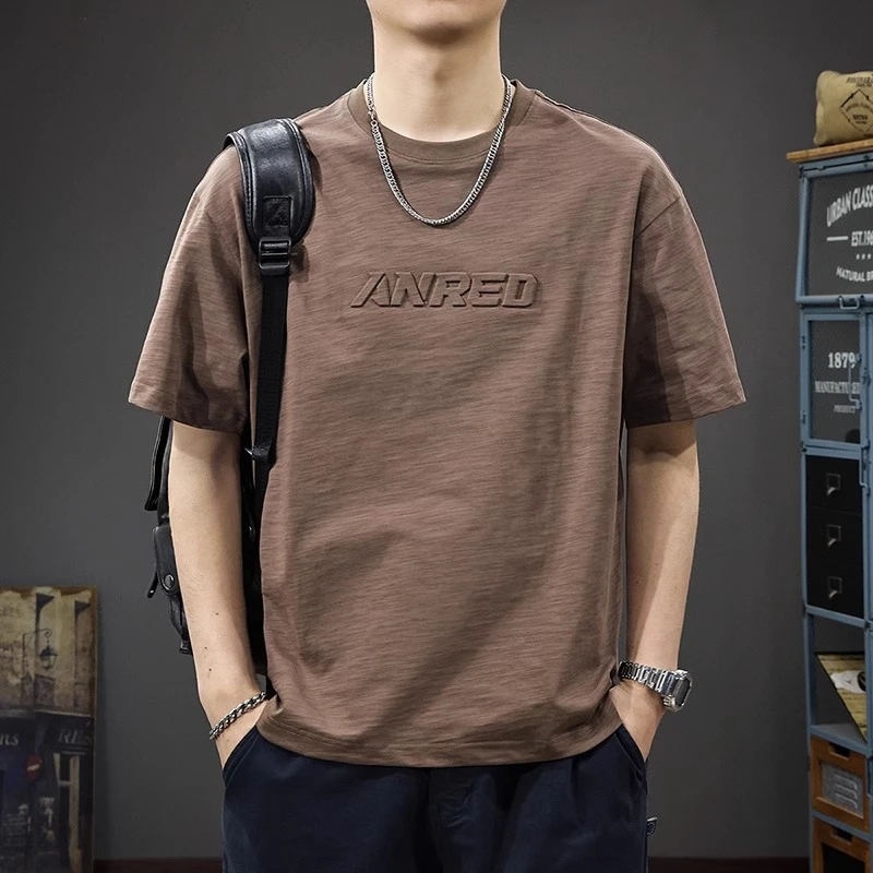 Cebrodz夏季2025新款纯棉短袖t恤男宽松大码重磅潮牌钢印半袖体恤