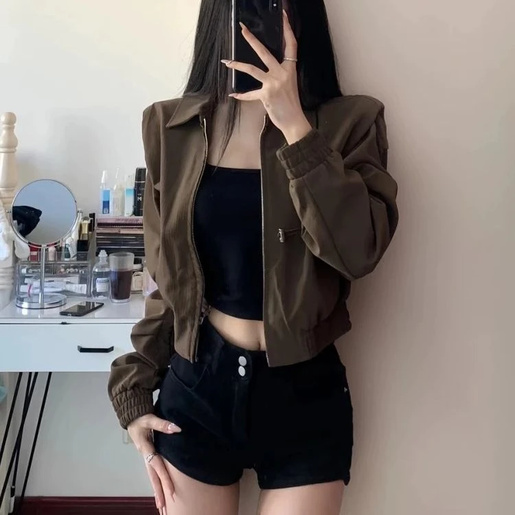 美式复古棕色短款外套女早春秋季高级感小个子宽松休闲夹克上衣潮