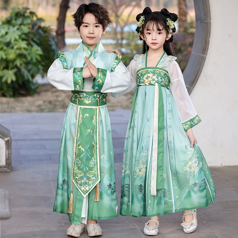 儿童汉服男童新款中国风开笔礼古装6-12岁女童诗词朗诵服装春夏款