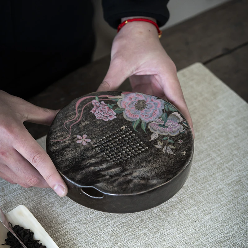 荼梦令志野烧牡丹缂丝茶盘家用功夫茶具干泡台圆韵壶承