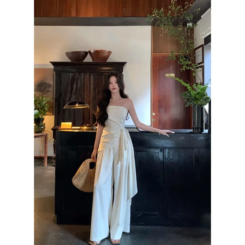 气质氛围感显瘦百搭系带收腰抹胸上衣高腰宽松垂感阔腿裤两件套女