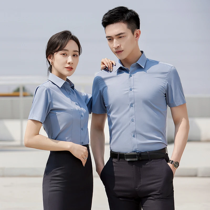 夏季薄款浅灰竹纤维衬衫长短袖男女职业衬衣套装工作服定制绣logo