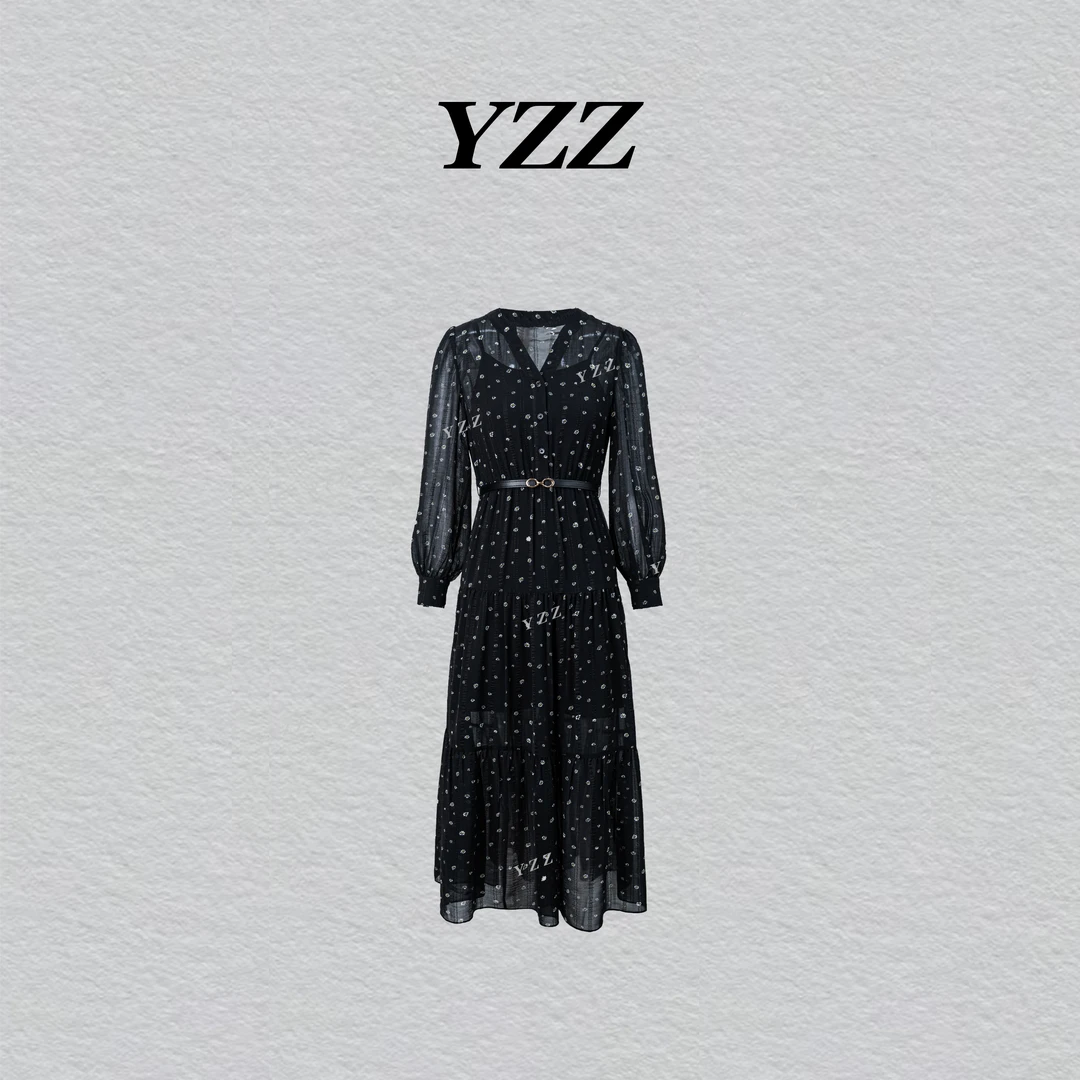 YZZ“江离” 休闲碎花裙腰带长袖气质优雅连衣裙 811036