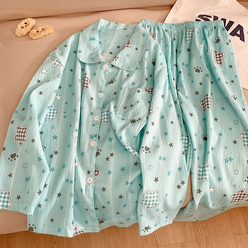 ins风卡通海盐星星秋季长袖长裤睡衣女20205年翻领可爱家居服套装