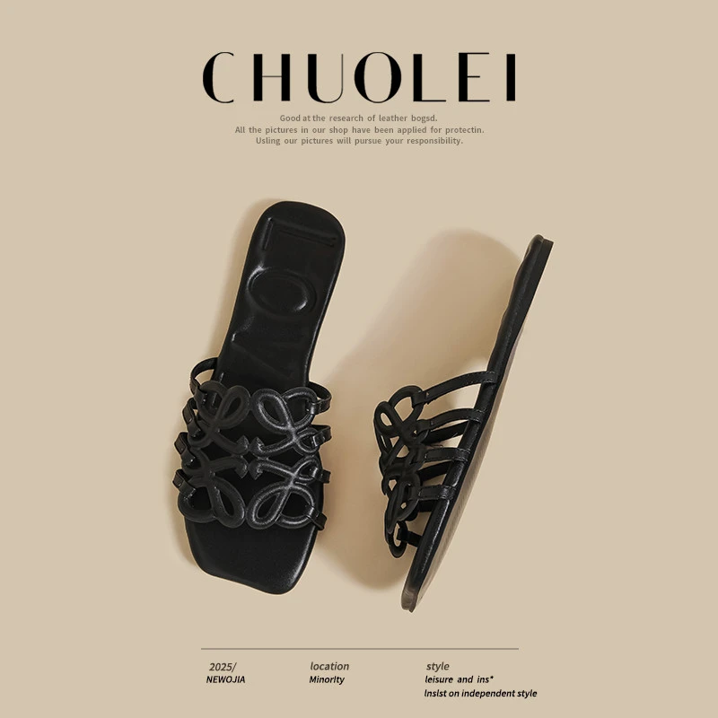 法式一字拖鞋女2025夏季新款仙女晚风平底沙滩黑色配裙子外穿凉鞋