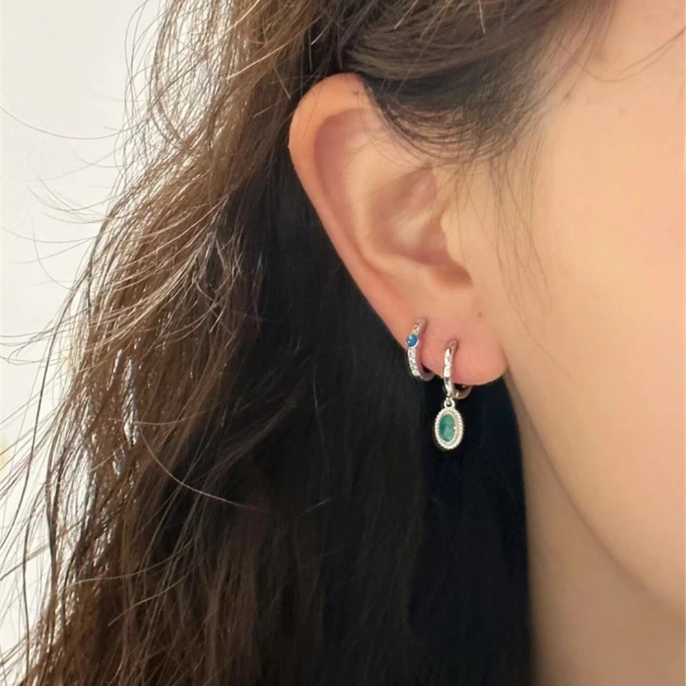 合金耳饰 酱懒懒 绿色耳圈耳坠素圈不对称耳环高级感小众镶钻耳扣