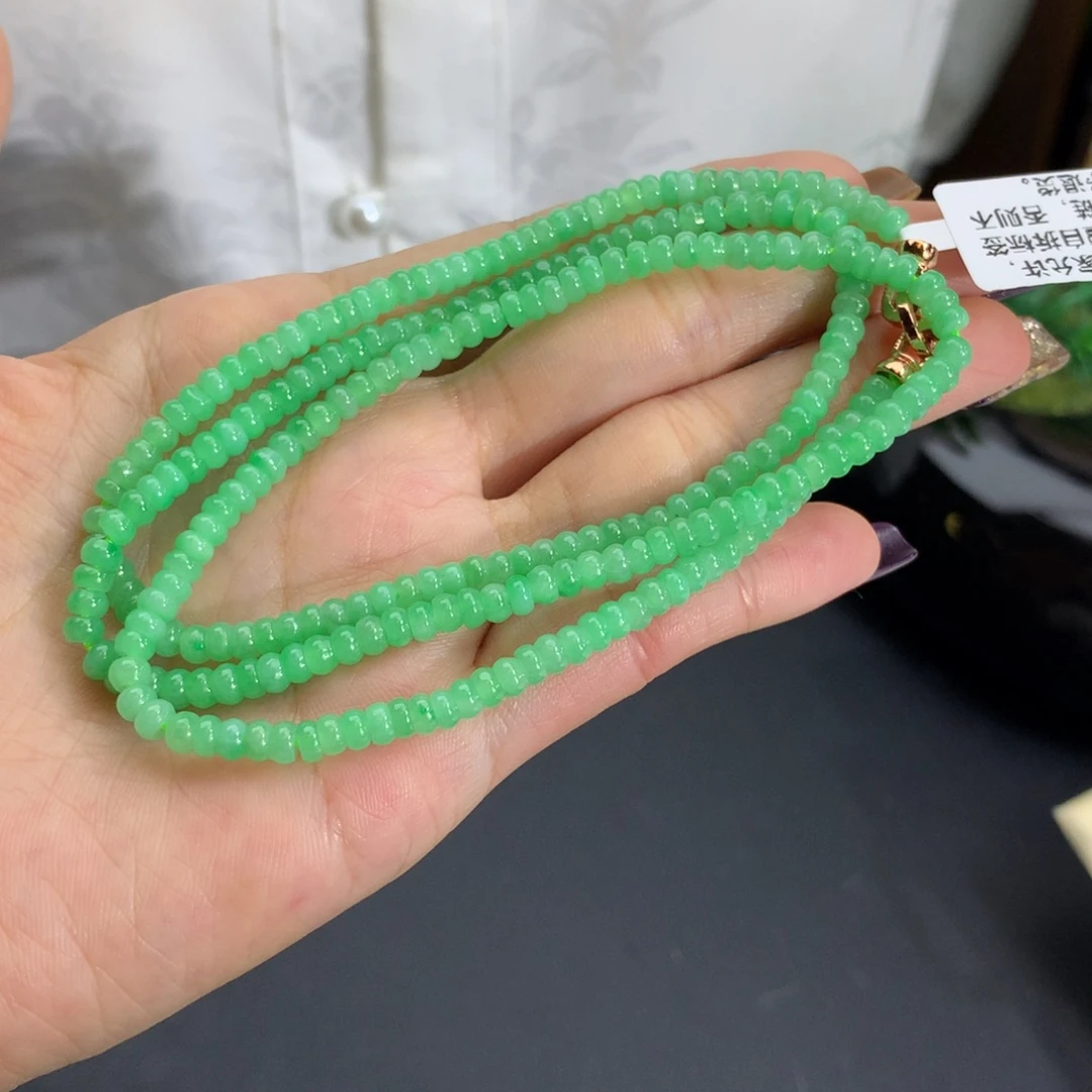 翡翠未镶嵌手串卡3.9冰胶阳绿算盘项链
