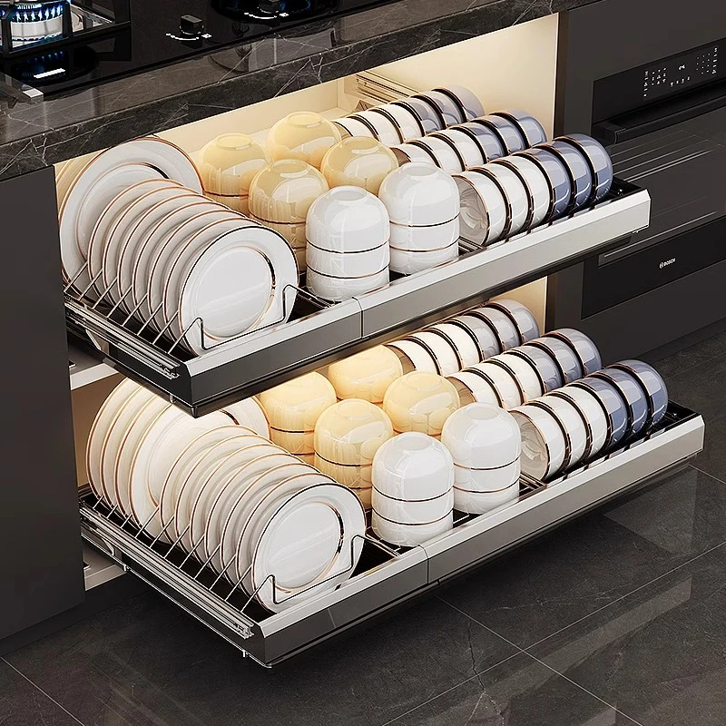 优勤不锈钢橱柜拉篮厨房抽屉式沥水架免打孔抽拉可伸缩碗碟收纳架