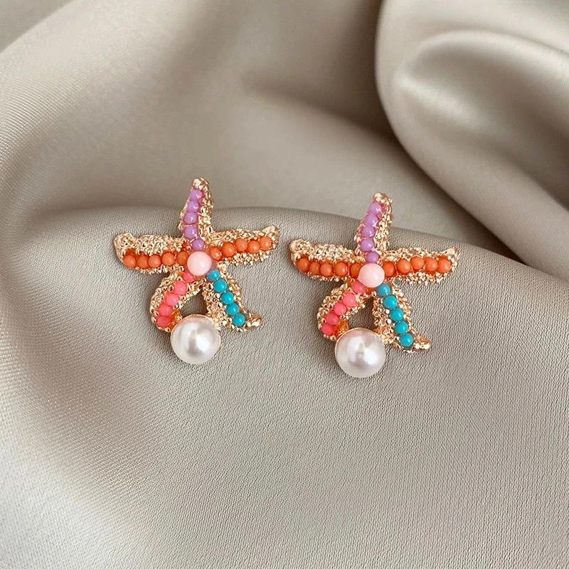 彩色海星珠珠耳钉精致高级感海滩五角星度假耳饰时尚串珠百搭耳环