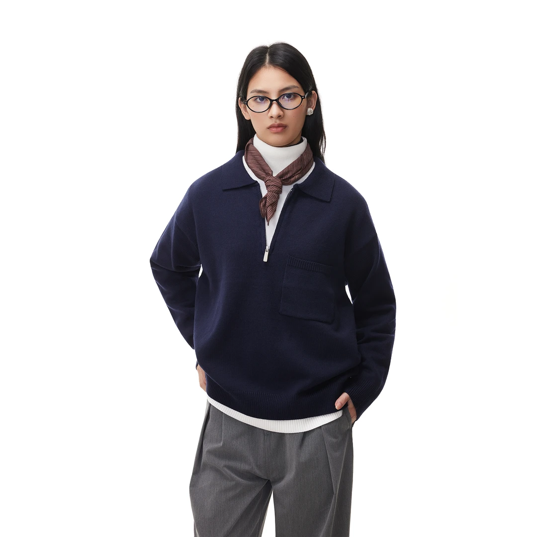 Syri早秋半拉链落肩袖翻领毛衣针织衫休闲百搭中性风入秋外套上衣