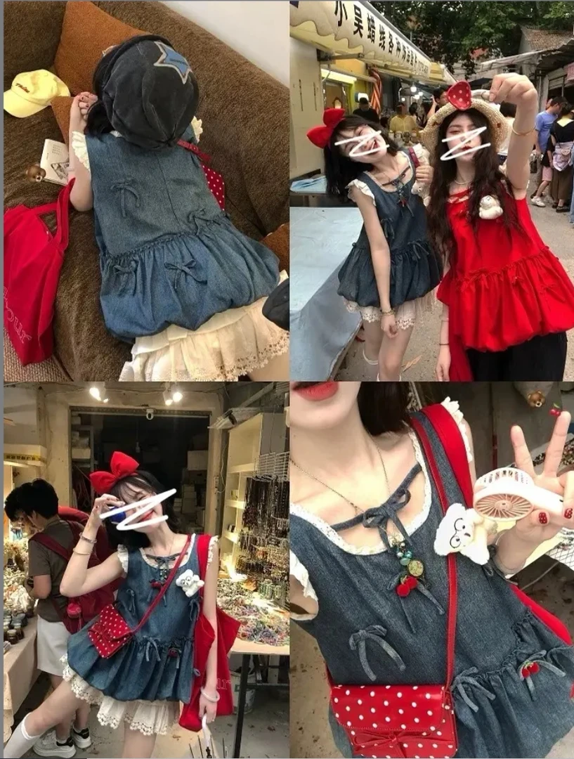 扮乖选手”樱桃蝴蝶结牛仔蓬蓬裙套装」