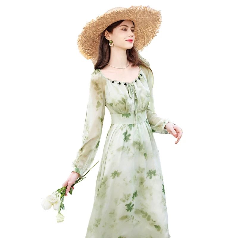 她池印花连衣裙2025春装新款女装时尚长袖高腰中长裙T51Z0253LB