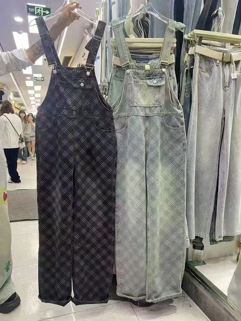 【加州美式】格纹VTG调 背带牛仔裤