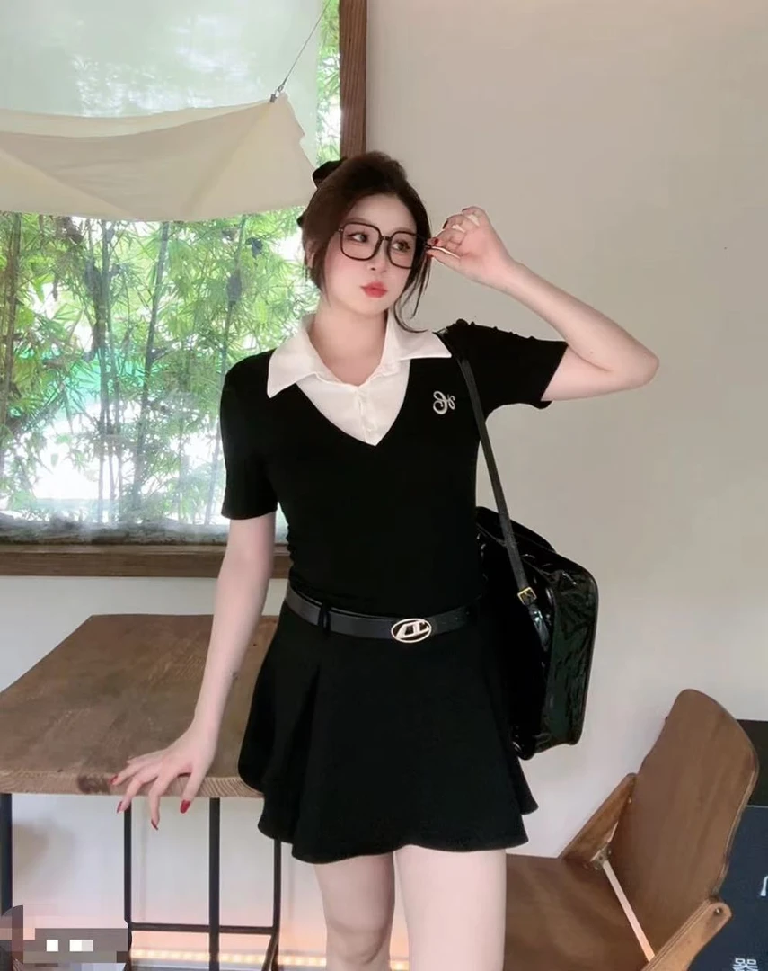 学院风假两件衬衫针织百搭减龄连衣裙子微胖显瘦收腰设计感短裙