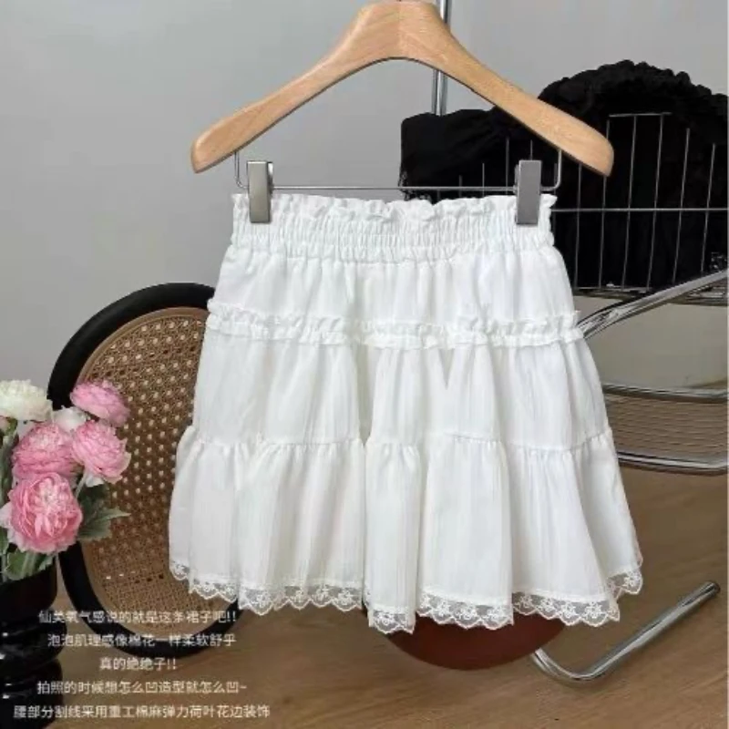 芭蕾风蕾丝边蓬蓬裙女气质木耳边蛋糕短裙夏季辣妹白色A字半身裙