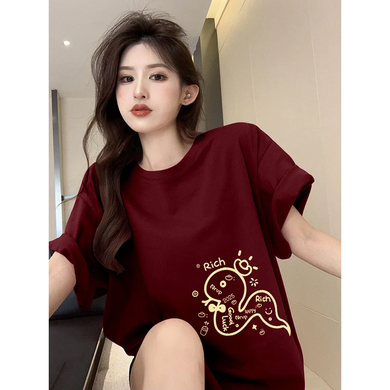 纯棉220克2025新年款小众短袖设计慵懒风T恤衫女宽松酒红色上衣潮