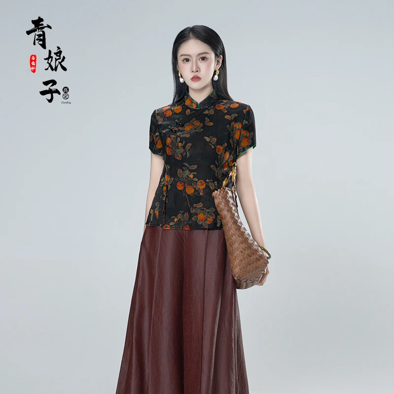 青娘子香云纱（如愿）印花花萝复古气质女士短袖套头日常上衣-60632