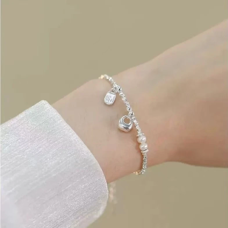 足银银制品 999足银双层爱心银手链满天星手饰小胖福福牌送女友