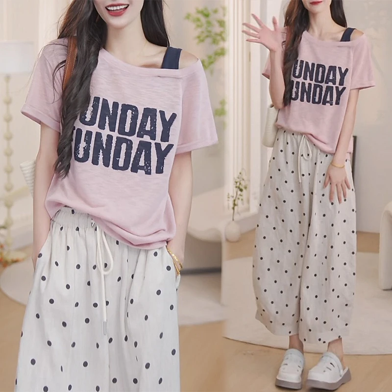 2025年夏季新款露肩字母印花短袖T恤波点休闲裤套装女时尚两件套