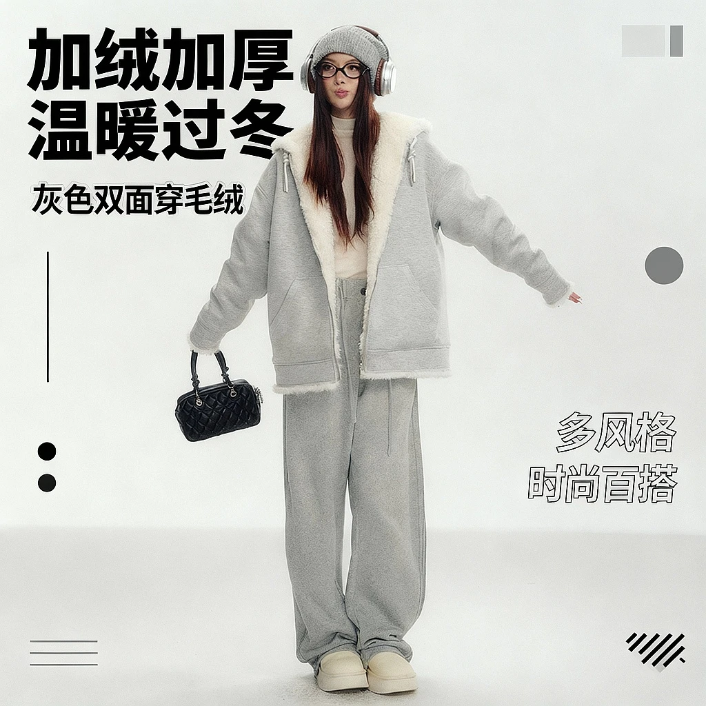 RECOIN R1C秋冬时尚灰色双面穿毛绒卫衣加绒外套46RSP07