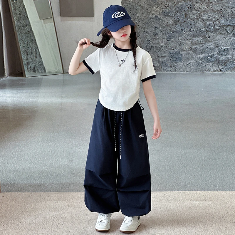 2025新款女童字母印花抽绳T恤伞兵休闲裤套装中大童休闲简约时尚