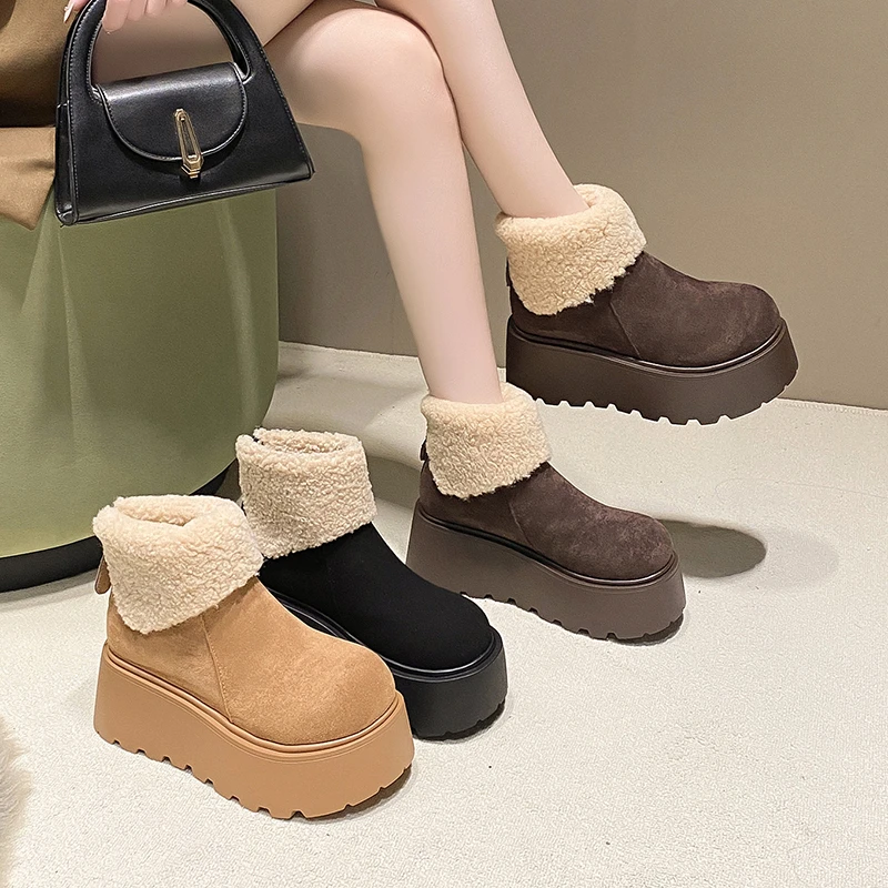 2025芒果头棉鞋加厚洋气雪地靴短筒女款显高显瘦7cm新款厚底坡跟