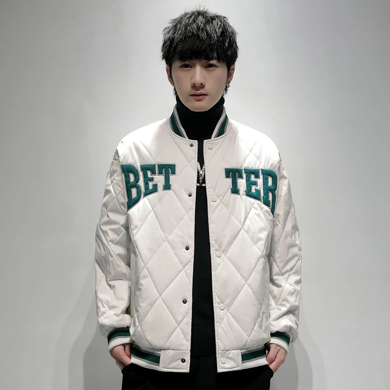 美式棒球棉服男潮牌ins春秋冬季港风复古菱格宽松外套棒球服102B